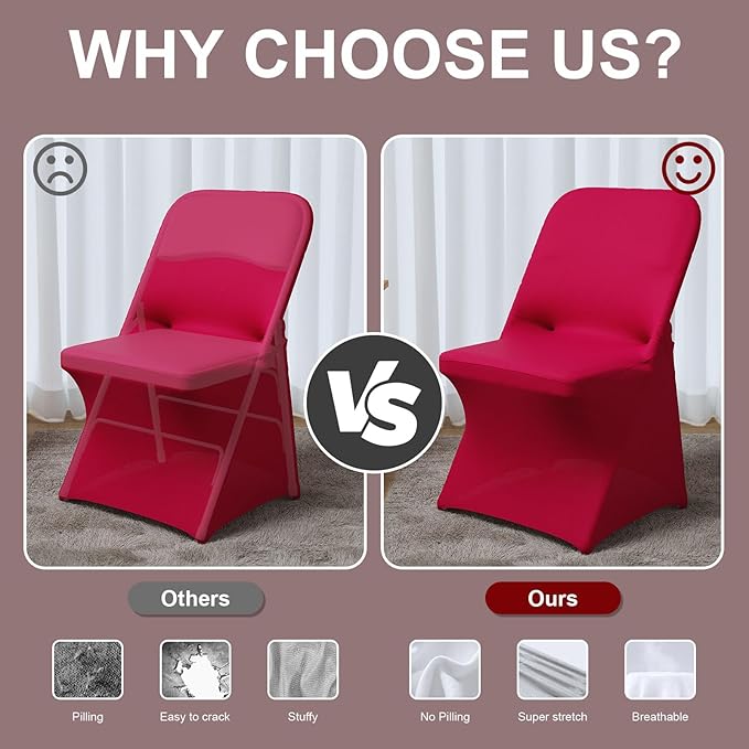 Trlyc Spandex Folding Chair Covers 100 Pcs Universal Fitted Stretchy Dining Chair Slipcovers for Wedding Party Banquet Flat-Front Chair Cover (Burgundy)
