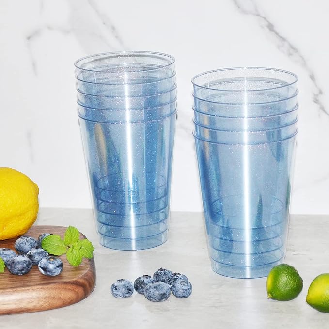 Homy Feel 12 Oz Blue Glitter Plastic Cups - 50PCS Disposable Cocktail & Wine Cups for Wedding Party