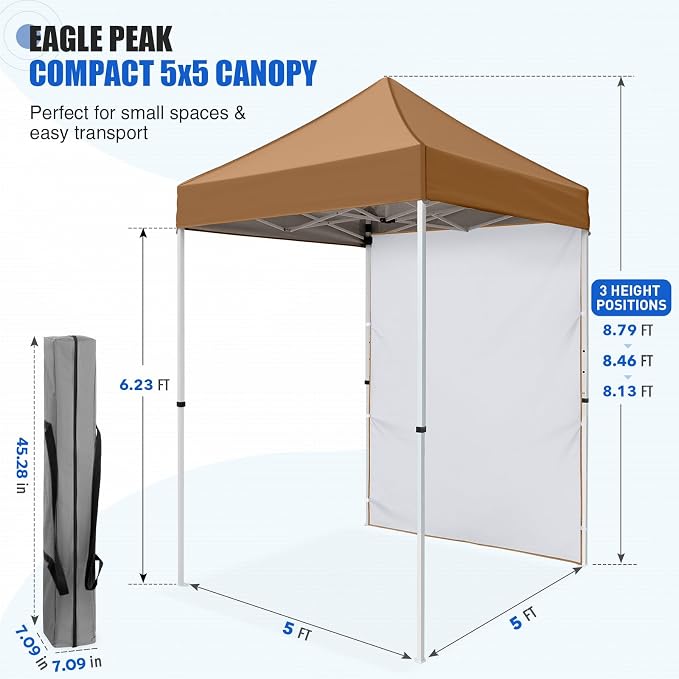 EAGLE PEAK Pop up Canopy 5x5, Outdoor Portable Canopy Tent with One Removable Sunwall, Carry Bag Included, Khaki
