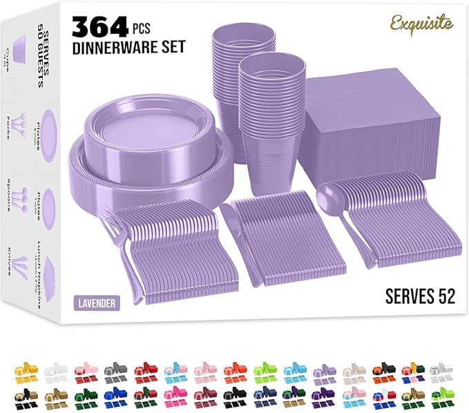 350 Pcs Lavender Plastic Plates For Party, Lavender Disposable Plates Set, 50 Of Each 9" Dinner Plate Set, 7" Dessert Plate, Cups, Napkins & Cutlery Plastic Dinnerware Set Exquisite