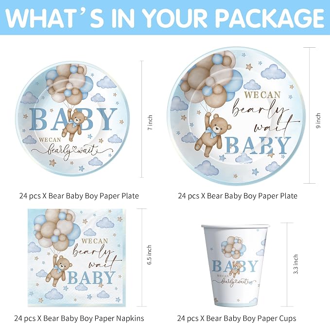 Bear Baby Shower Decorations Boy Tableware - Blue Bear We Can Bearly Wait Baby Shower Decorations Party Supplies, Paper Plate, Napkin, Cup, Cutlery, Tablecloth, 24 Guests