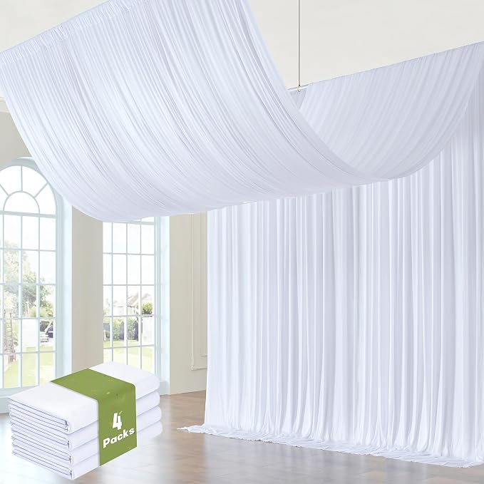 4 Panels 5x20ft White Ceiling Drapes for Wedding Parties, Wrinkle Free 20ft Long Thick Polyester Wedding Draping Tent Ceiling Curtains Arch Drapery for Birthday Party Tent Canopy Decor