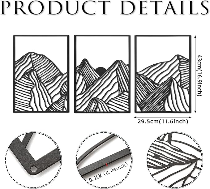 Peryiter 3 Pcs Metal Wall Art Decor Landscape Mountain Wall Hanging Decor for Living Room Abstract Minimalist Modern Mountain Line Pictures Bathroom Office Home Gifts Indoor(Black)