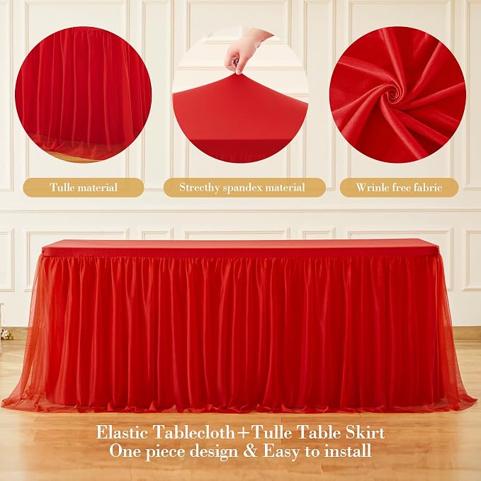 Suppromo Red Tulle Tablecloth for 4 Foot Rectangular Tables, 48 x 24 Inch Red Rectangle Table Cloth, Wrinkle Free Table Cover with Tutu Skirt for Wedding Birthday Party Banquet Tablecover