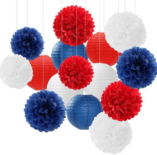 Fourth-4th Of July Imemorial-Day Party-Decorations - 15pcs Red White Blue Paper-Flowers Lanterns,Patriotic Graduation Tissue Pom Poms Streamers,Independence Veterans Hanging Supplies Decor Hugfond