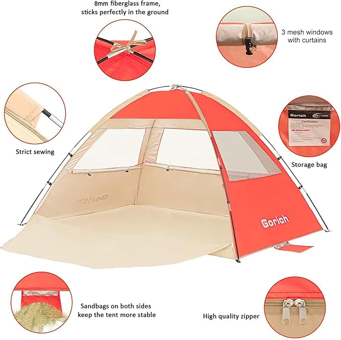 Gorich Beach Tent Sun Shelter for 3/4/6/8/10 Person with UPF 50＋ UV Protection, Lightweight & Easy Setup Beach Shade Canopy, Portable Beach Shade Tent Beach Cabana