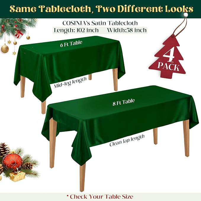 4 Pack Dark Green Satin Tablecloth 58 x 102 Inches, Rectangular Satin Table Cloths for Wedding Reception, Birthday Party, Graduation & Holiday Banquet Tables