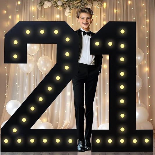 4FT Marquee Light Up Numbers, Black Giant Marquee Number Big Mosaic Number for 21th Birthday Party Decorations Backdrop 21 Anniversary Decor, Pre-Cut Frame Large Number 21