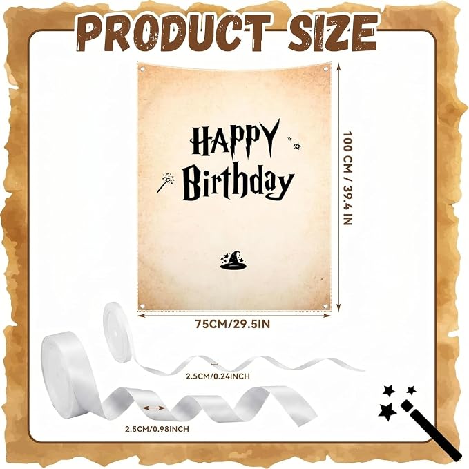 Oudain 29 x 39 Inch Magic Wizard Happy Birthday Banner, Vintage Burlap Birthday Backdrop Party Decorations, Rustic Boho Photo Props Sign with Hanging String for Halloween Wizard Magical Party Supplies