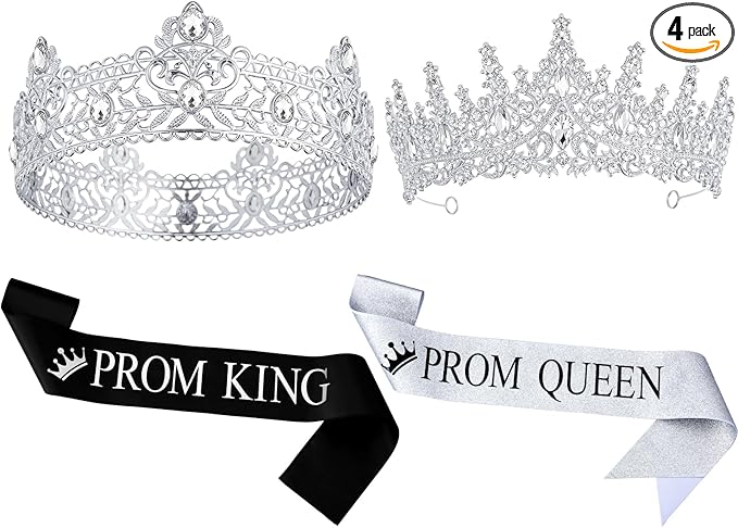 Retrowavy 4 Pcs Prom King and Queen Crown Set with Sashes Prom King Queen Sash and Tiara Set for 2026 Grad Birthday Carnival Wedding Costume Accessories(Silver)