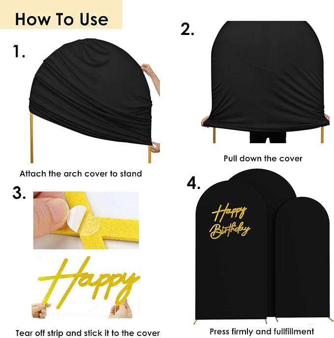 HAINARverS 6FT//6.6FT7.2FT Black Arch Backdrop Cover Spandex with Glitter Gold Happy Birthday Sign for Wedding Birthday Party Ceremony Banquet Decoration(Black)