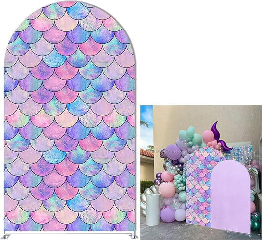 FiVan Under The Sea Mermaid Theme Arch Cover Backdrop Spandex Background for Girl Birthday Party Decoration (6×3ft,Sparkling Purple)
