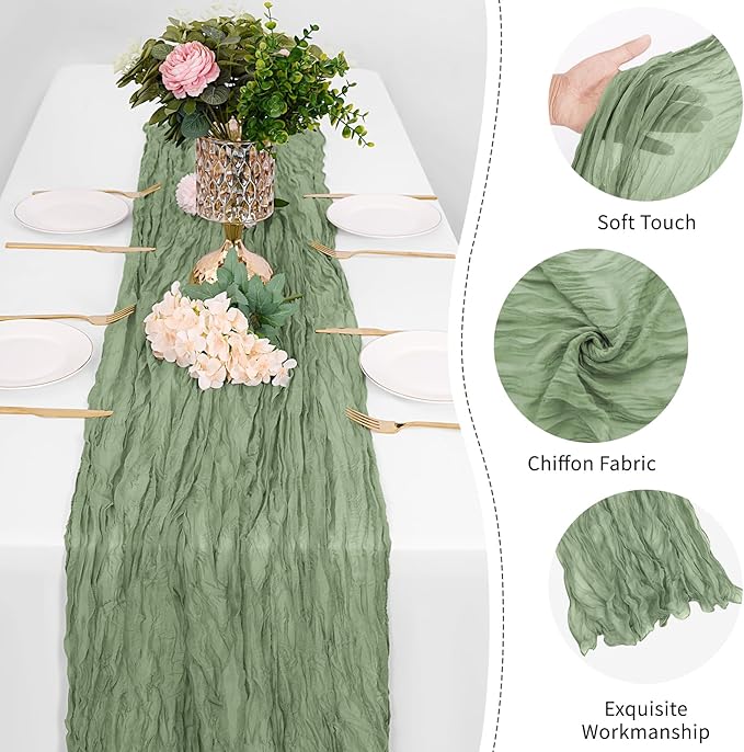 12 Pack Sage Green Cheesecloth Table Runner 17 x 108 Inch Gauze Table Runner Fabric Semi Sheer Cheese Cloth Table Decor Bulk for Rustic Romantic Wedding Baby Shower Table Decoration