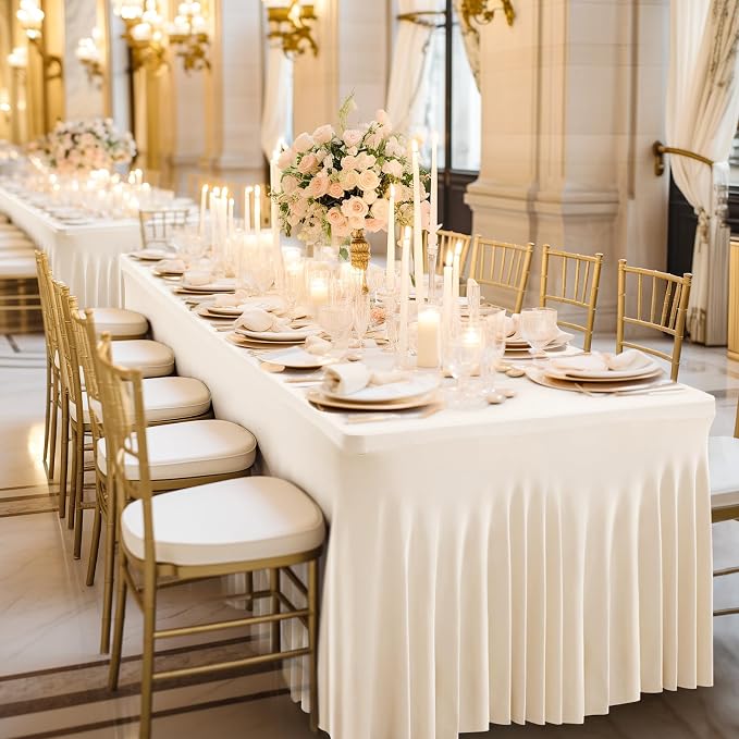 Wish Care 6 Pack Ivory Spandex Table Clothes for 4 Foot Rectangle Tables, 4FT Wrinkle Free Fitted Tablecloths Ruffles Design Table Cover for Party, Banquet, Wedding and Events