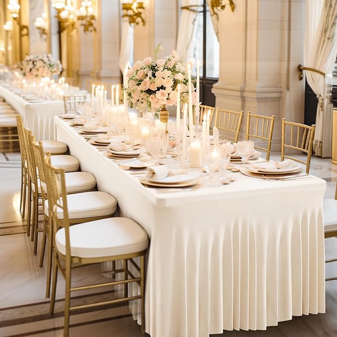 Wish Care 6 Pack Ivory Spandex Table Clothes for 6 Foot Rectangle Tables, 6FT Wrinkle Free Fitted Tablecloths Ruffles Design Table Cover for Party, Banquet, Wedding and Events