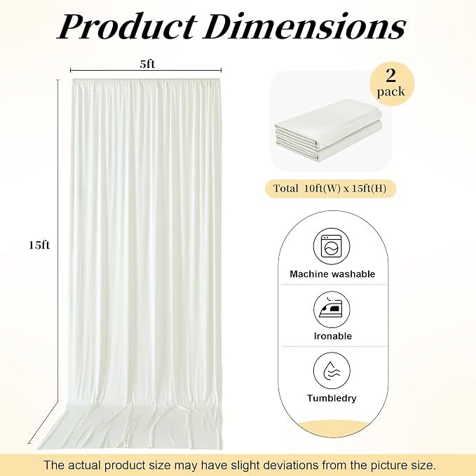 10ft x 15ft Ivory Backdrop Curtains for Wedding Parties, 2 Panels Extra Long Wrinkle Free Fabric Drapes Photo Backdrop for Baby Shower Birthday Stage Reception