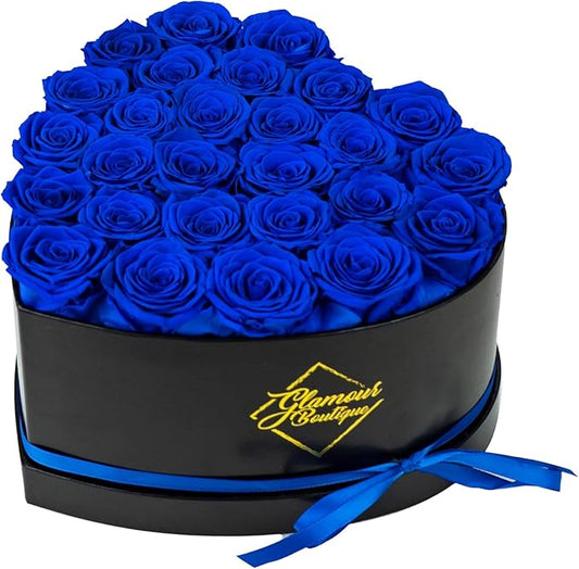 GLAMOUR BOUTIQUE 27 Flower Forever Heart Shape Box, Mothers Day Gift For Mom, Eternal Preserved Roses Gift for Her, Flowers bouquet, For Birthday, Anniversary, Girlfriend - Blue (Color-Treated)