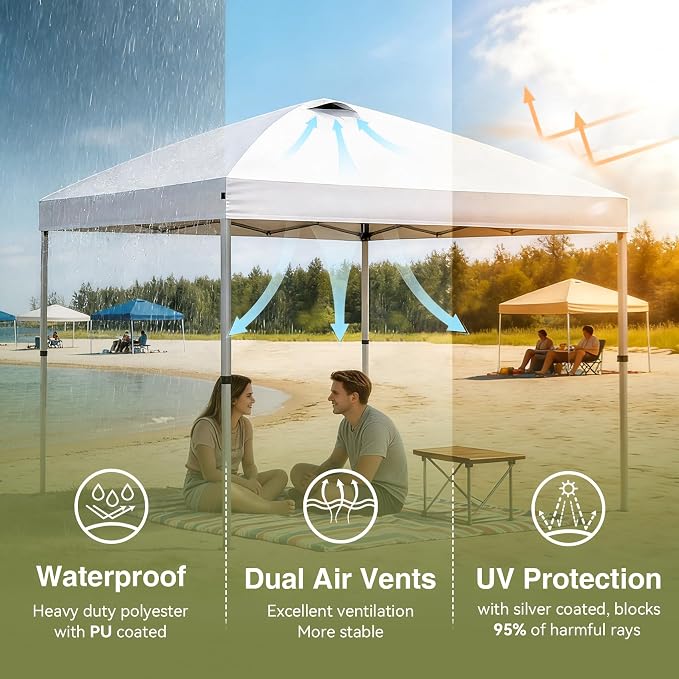 HYPER VENTURE 10x10ft Pop Up Canopy Tent with One Push Setup, Portable Outdoor Event Shelter with Rolling Carry Bag for Camping, Beach, Market, Patio (White)