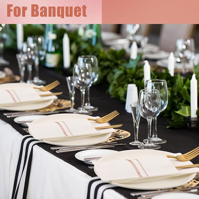 Roshtia 100 Pack Dinner Napkins Disposable Linen Feel Dinner Napkins with Built-in Flatware Pocket Gold Trim Lined Pre Folded Paper for Wedding Party (White,Rose Gold)