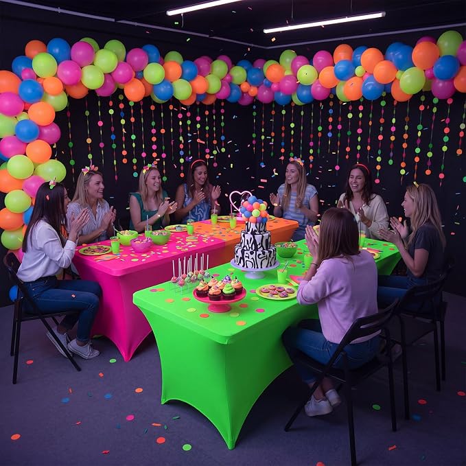 Frienda 4 Pcs Neon Color Tablecloth Stretch Spandex 71 x 30'' Neon Color Table Cloth Rectangle Table Cover for Birthday Banquet Picnic Holiday Party Decorations