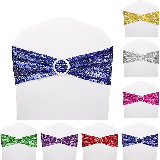 Dimatic 10 PCS Stretch Sequin Chair Sashes Chair Stretchy Spandex Bands for Wedding Reception Events Banquets Chairs Decoration (Blue)