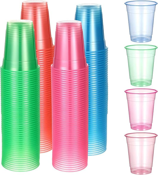 200 Pack Plastic Neon Cups 12 Oz, Disposable Glowing Party Cup Clear Neon Colors Blacklight Parties Light Up Cup Colorful Plastic Cups for Parties Carnivals Birthday Rave Party