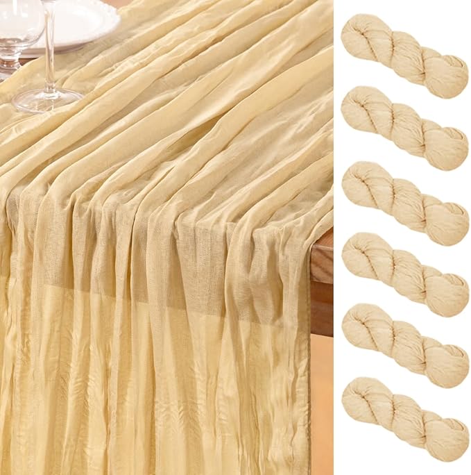 DeZerlor Champagne Gold Cheesecloth Table Runner 6 Pack Spring Easter Table Runners Boho Gauze 120 Inches Champagne Cheese Cloth Table Decor for Wedding Bridal Baby Shower Parties