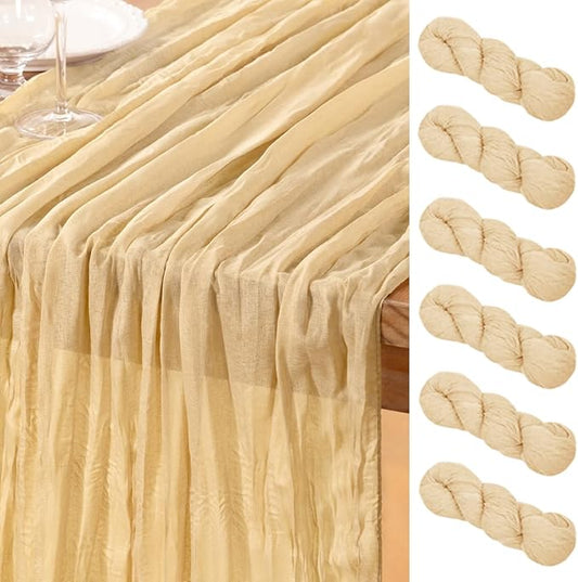 DeZerlor Champagne Gold Cheesecloth Table Runner 6 Pack Spring Easter Table Runners Boho Gauze 120 Inches Champagne Cheese Cloth Table Decor for Wedding Bridal Baby Shower Parties