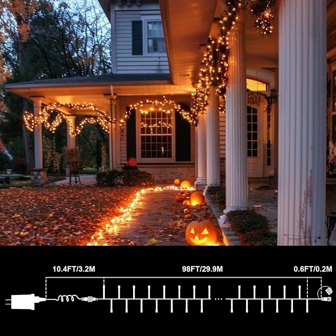 LAMPHOME 99ft Halloween Lights, 300 LED Transparent Wire Fairy Starry String Light Plug in, 16Lighting Modes for Indoor Outdoor Xmas Tree Wedding Party Decoration (Orange)