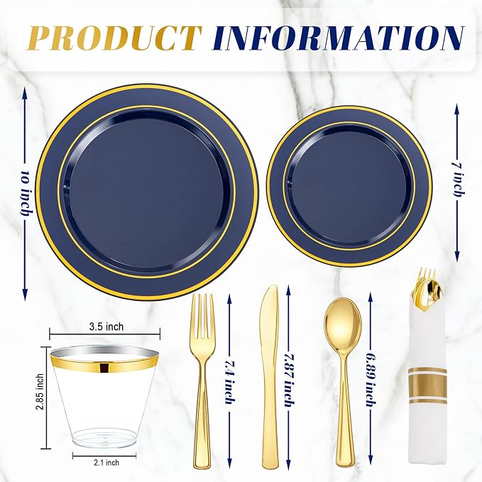WDF Partyware 175PCS Blue and Gold Plastic Plates - Navy Blue Plates with Pre Rolled Napkins for Party - 25Guest Disposable Dinnerware Sets for Party/Birthday/Wedding