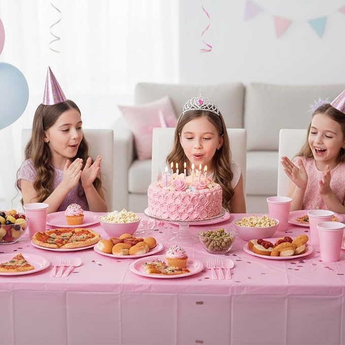 Pink Plastic Plates for Party,50 Guest Disposable Plastic Plate Set 9" Plates,7" Dessert Plates,Napkins,Cups,Forks & Tablecloth for Birthday,Wedding,Baby Shower,Girlfriends Tea Party