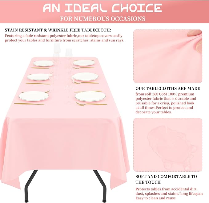 Showgeous 8 Pack Pink Tablecloth 60 x 126 Inch, Rectangle Tablecloth for 8 Foot Table, Stain and Wrinkle Resistant Washable Polyester Table Cloth Cover for Wedding Dining Table Buffet Parties