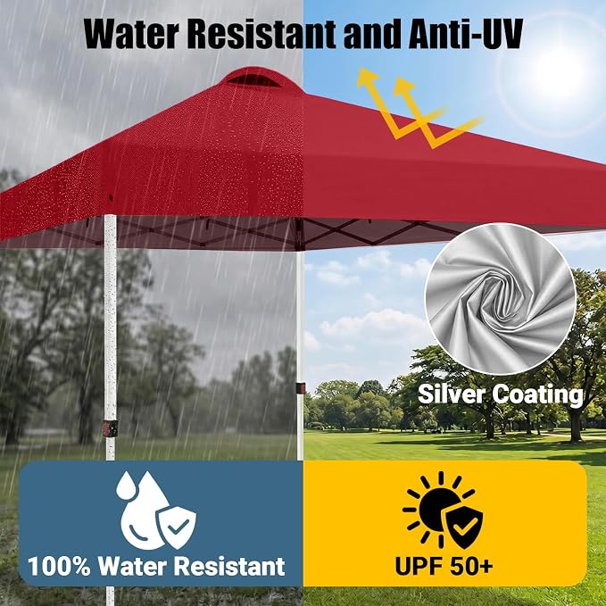 10x10 Pop Up Canopy Tent, Instant Folding Outdoor Shelter with High Strength Steel Frame and Handheld Carry Bag, Ground Stakes and Wind Ropes for Backyard Party, Camping, Beach Events, Red