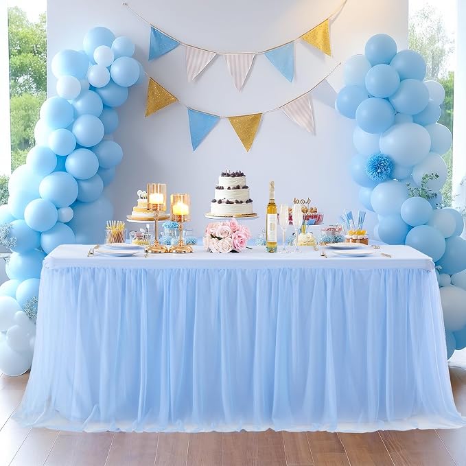 Baby Blue Tablecloth for 8 Foot Rectangle Table, Baby Shower Party Light Blue Tablecloth Tulle Table Skirt Elastic Stretch Ruffle Fitted Tables Cover 8 Foot for Wedding Banquet