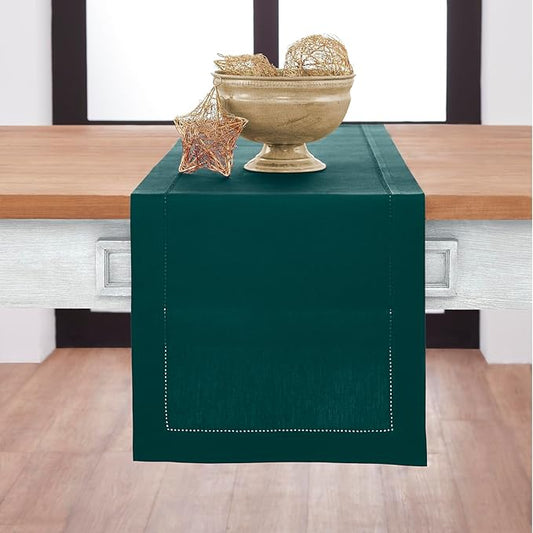 Solino Home Cotton Linen Dark Green Table Runner 108 Inches Long - Hemstitch 14 x 108 Inch Table Runner - Handcrafted and Machine Washable