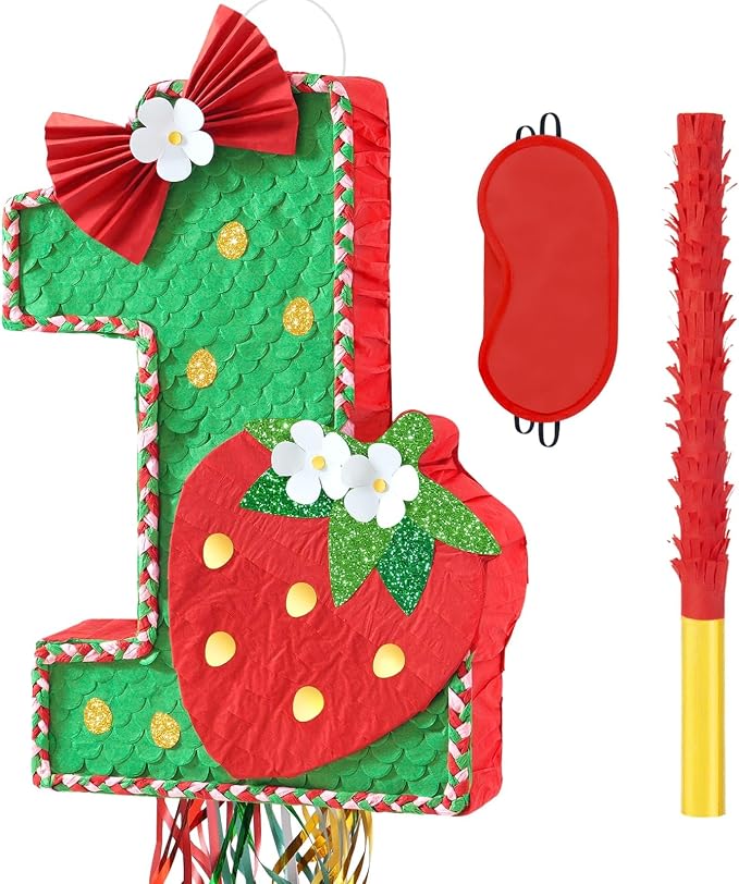 WERNNSAI Berry First Piñata - Sweet One Birthday Party Decorations Strawberry Party Game Number 1 Piñata for Baby Shower Theme Party Favor With Blindfold