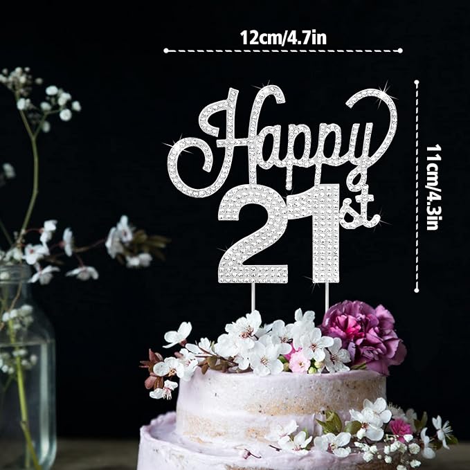 LINGTEER Happy 21st Birthday Silver Rhinestone Cake Topper - Cheers to 21st Birthday 21 Years Old Party Cake Centerpieces Topper Decorations Gift Sign.
