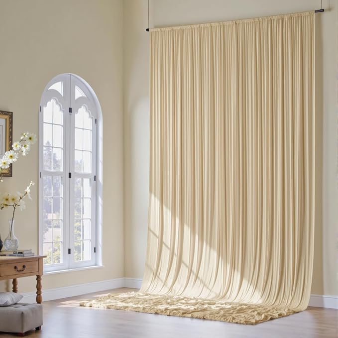 10x16ft Beige Backdrop Curtains for Wedding Party, 2 Panels 16 ft Long Back Drop Cloth, Wrinkle-Free Polyester Drapes for Birthday, Baby Shower, Stage Photography Background