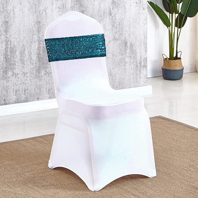 Eternal Beauty 50 Pack Sequin Chair Sashes Glitter Band Teal Chair Sashes for Wedding Cover Decoration