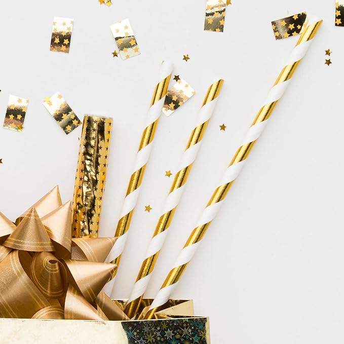 PakTalk 100 Pack Gold Paper Straws, Gold and White Striped Disposable Straws for Cake Pops Party Decoration in Birthday Baby Shower Wedding(7.75" x 0.24")