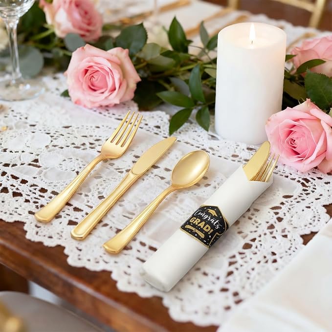 Meanplan 50 Sets 2026 Graduation Party Supplies Tableware Set Gold Pre Rolled Silverware for 50 Guests Class of 2026 Disposable Dinnerware for College High School Congrats Graduation Party Favors