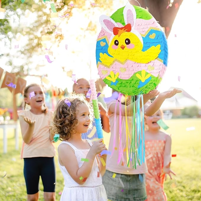 WERNNSAI Easter Egg Piñata - Easter Bunny Piñata with Blindfold and Stick Cute Chick in Egg for Party Decoration Supplies for Birthday Decoration School Spring Party Game
