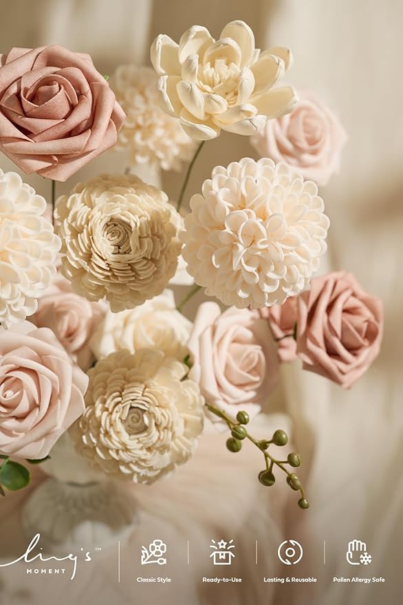 Ling's moment Fake Flowers Box, Faux Artificial Greenery Stems Foam Dahlia Roses Silk Willow Fabic Flower for Centerpieces Bouquet Wedding Vase Decorations, Dusty Rose & Cream & Blush, Grand Combo