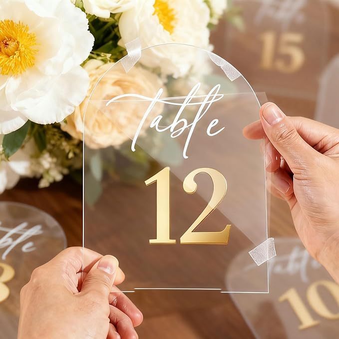 Clear Arch Acrylic Wedding Table Numbers 1-15 with Stands, 5.5"x7" Arched Acrylic Wedding Seating Chart Signs with Gold Mirror Numbers, Table Number Holders for Anniversary, Event, Party Wedding Set