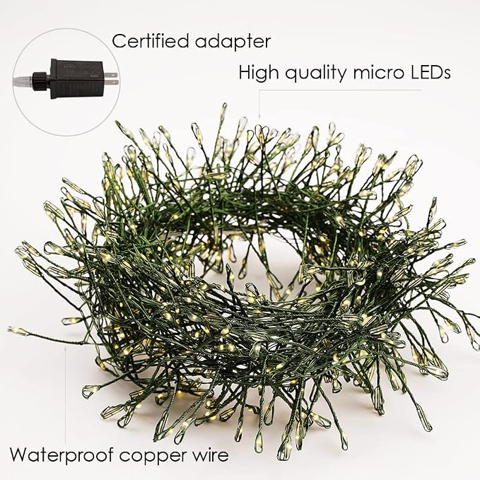 Firecracker Fairy Lights Plug in,20ft 200LEDs Green Wire Cluster String Lights,Waterproof 8 Modes Remote Twinkle Light for Outdoor Indoor Garden Bedroom Christmas Tree Holiday,Warm White
