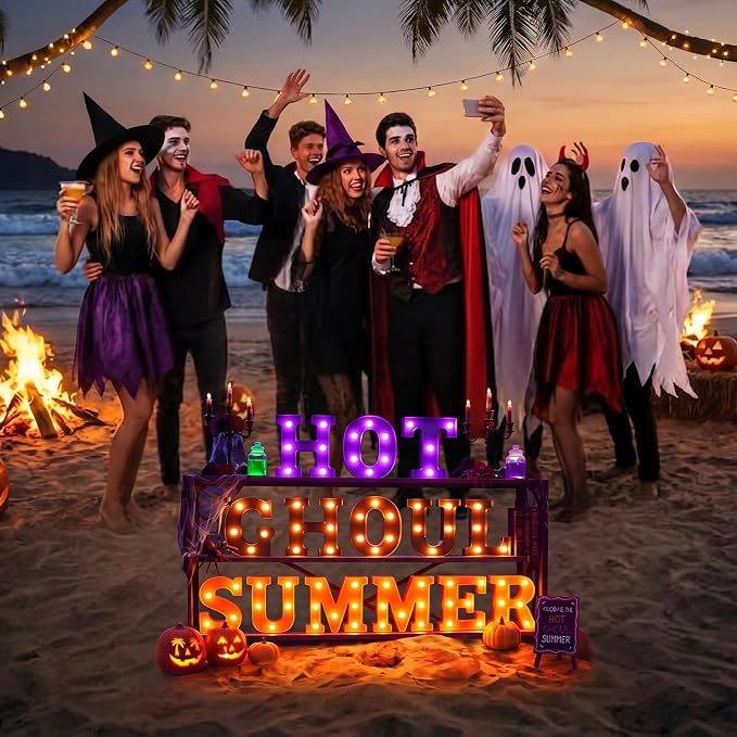 Honoson 14 Pcs Summer Halloween Party Decorations Hot Ghoul Summer Light Sign LED Funny Summers Theme Decor for Hawaiian Pool Beach Halloween Birthday Party Decorations