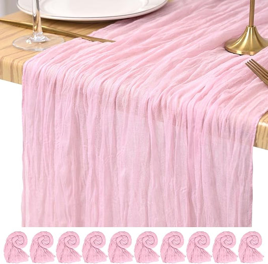 10 Pack Cheesecloth Table Runner Light Pink, Rustic Boho Gauze Fabric Table Runner Romantic Table Runner for Wedding, Festival, Birthday, Anniversary, Dinner and Outdoor Events (17.7 x 108 inch)