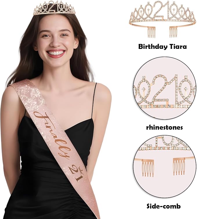 Happy 21st Birthday Decorations for Her, Black Rose Gold 21 Years Old Decor for Women Include Sash and Crown, 30pcs Balloons Banner 40" Number Balloons, Backdrop Cake Topper & Paper Pom Poms