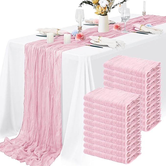 8 Pack Light Pink Cheesecloth Table Runner 10FT Long Boho Gauze Fabric Table Runner Vintage Rustic Sheer Runners for Wedding Party Bridal Baby Shower Table Decorations