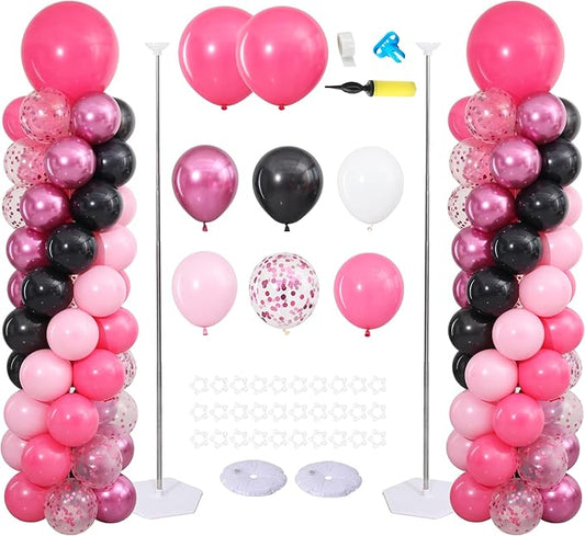 Hot Pink and Black Balloon Column Stand Kit Set of 2 for Floor with 120PCS Hot Pink Black White Balloon Towers for Girls Women Baby Shower Princess Birthday Party Decorations